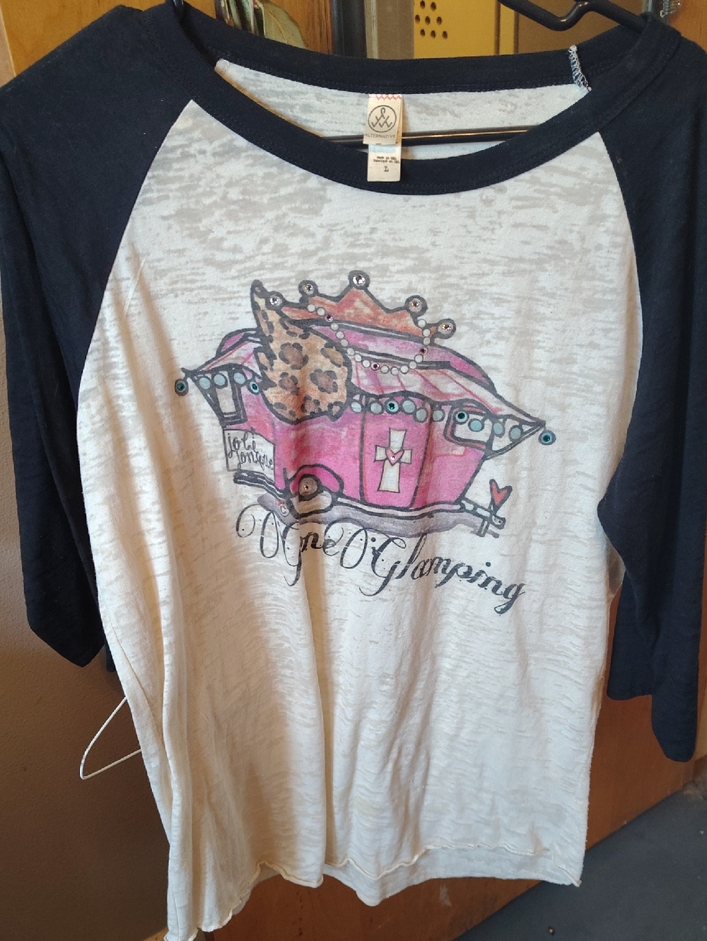 Alternative Gone Glamping Black & White Raglan Tee with Pink Caravan Graphic